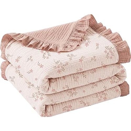 Konssy Flounce Muslin Baby Blanket for Girls Boys 47 x 47 Inches, 100% Cotton Soft Crib Swaddle Blankets, Reversible & Breathable Nursery Bedding for Newborns Toddlers(Petal Dream)