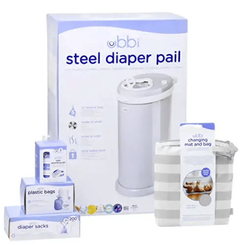 Ubbi Diaper Changing Value Set, Odor Locking Modern Design Baby Accessory, Must Have Set Includes Grey Diaper Pail, Diaper Sacks, Odor Absorbing Gel, Travel Changing Mat and Diaper Pail Waste Bags