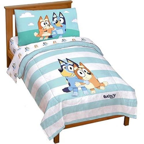 Jay Franco Bluey & Bingo 4 Piece Toddler Size Bed Set – Super Soft Microfiber Bed Set Includes Size Comforter & Sheet Set (Official Bluey Products)