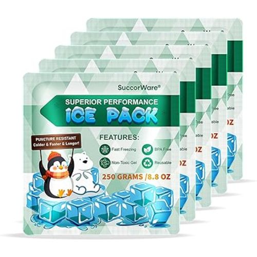 SuccorWare 5 Packs Reusable Ice Packs for Lunch Boxes - 12+ Hour Cooling Ice Gel Pack for Camping, Beach, Office - Ice Packs for Cooler Bag, Cooler Backpacks