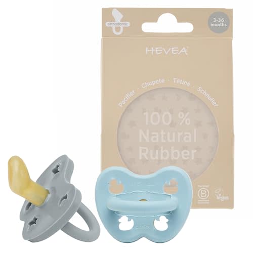 HEVEA Natural Rubber Pacifier Orthodontic 3-36 Months – Hygienic One Piece Design for Newborns to Toddlers, BPA-Free, Soft & Durable - Two-Pack (Maya Blue & Thunder Grey)