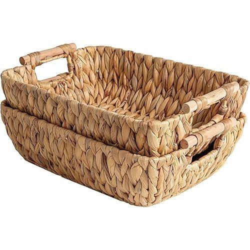 StorageWorks Hand-Woven Large Storage Baskets with Wooden Handles, Water Hyacinth Wicker Baskets for Organizing, 2-Pack