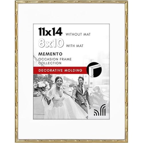 Americanflat 11x14 Picture Frame with Bamboo-Style Molding and Shatter-Resistant Glass - Use as 8x10 Frame with Mat or Display 11x14 Photo Without Mat - Elegant Gold Bamboo Frames for Tabletop or Wall