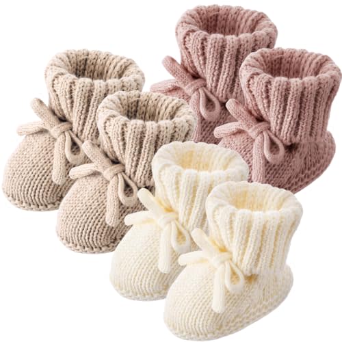 Evervibe 3 Pairs Knitted Baby Booties 0-6 Months Newborn Crochet Shoes Baby Shower Booties Centerpiece for Gender Reveal