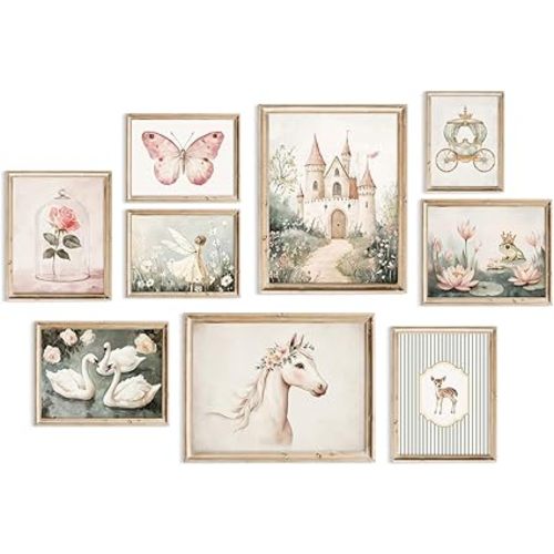 Vintage Fairy Nursery Wall Art Baby Girl Room Canvas Wall Decor Pink Fairytale Poster Pastel Floral Swan Paintings Magic Fantasy Pictures Pink Nursery Artwork for Girls Bedroom 8x10x9 Inch Unframed