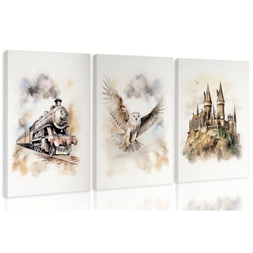 3 pcs Vintage Magic Canvas Wall Art Express Train Owl Magic Castle Picture Wall Decor Magic Lovers Kind and Honest Posters Print Artwork for Kids' Baby Nursery Home Decoration