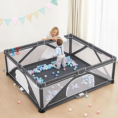 Yobear Foldable Baby Playpen (79"x71") - Portable Play Yard for Babies and Toddlers with 50 Ocean Balls, 2 Pull Handles & Carry Bag - Easy Setup Safe Indoor Outdoor Kids Activity Center (Dark Grey)