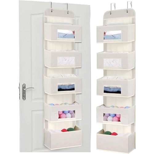 MAX Houser 5-Shelf Over The Door Hanging Organizer with 2 Metal Hooks, 5 Pocket Over The Door Wall Mount Storage with Clear Windows for Baby Nursery Bathroom Closet,Bedroom,Dorm,Diapers,Kids(Beige)