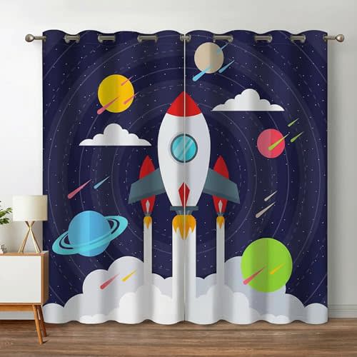 Cartoon Space Rocket Blackout Curtains for Girls Boy Home Decor, Galaxy Planets Grommet Thermal Insulated Drapes Darkening Window Curtain for Bedroom Living Room, 55 x 63 Inch