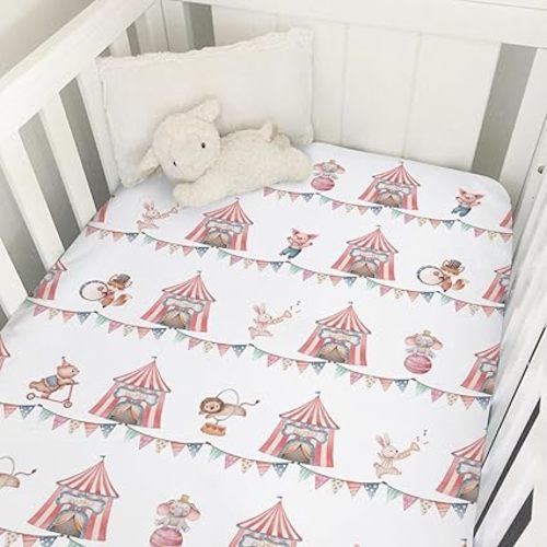 Watercolor Circus Animals Baby Crib Sheets 52''x28'' Cartoon Bear Lion Fox Bunny Elephant Pig Snug Fitted Crib Mattress Cover for Boy Girl Soft Nursery Crib Mattress Sheet or Toddler Bed Sheets