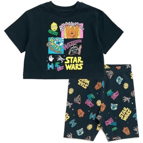 STAR WARS Girls Drop Shoulder T-Shirt and Bike Shorts Outfit Set Toddler to Big Kid Sizes (2T - 14-16)