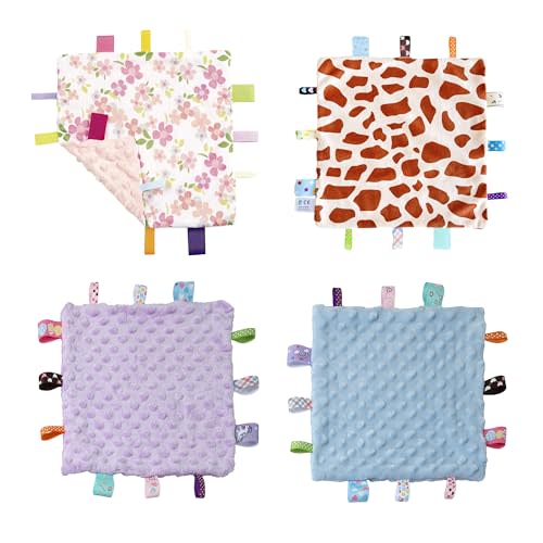 CREVENT Tag Security Blankets for Babies, Soft Small Loveys for Boys, Baby Comforter Sensory Blanket, Great Gifts for Birthday Baby Shower (10"X10" GiraffeDot+Flower+Purple+Blue)