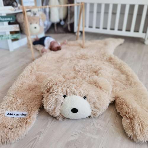 Beige Bear Rug - Faux Fur Woodland Nursery Mat, Handmade Baby Boy Gift