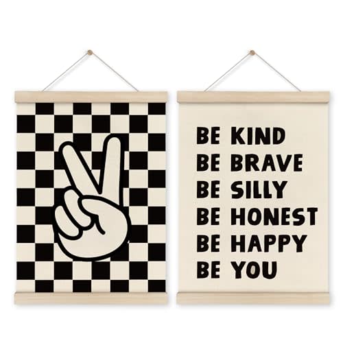 HRQKO Boys Room Wall Decor Poster Hanger Frame Set of 2, Positive Affirmations Decor with Wooden Frames, Black Checked Peace Sign Banner Wall Hanging Decor for Boy Nursery Kids Playroom, 12x16 Inch