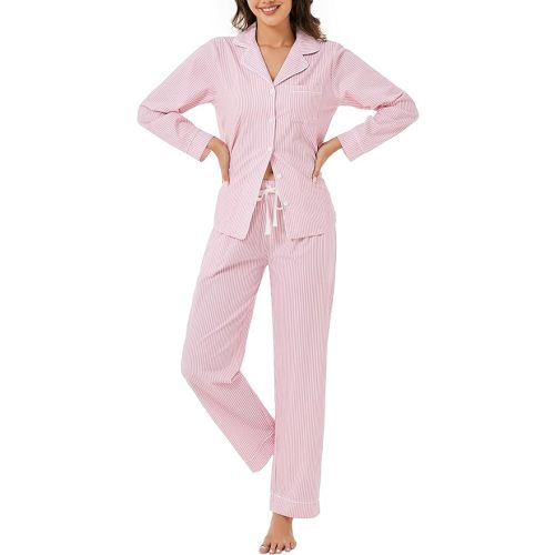 LUBOT - Pijama 100% de algodón para mujer, conjunto de pijama de 2 piezas de popelina tejida, con botones, de manga larga o corta, ropa de dormir con estampado, talla de la S a la XXL