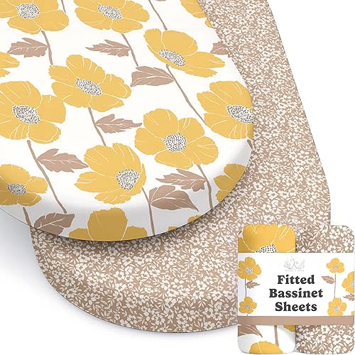Baby Bassinet Sheets Girl (Poppy Fields) 2-Pack - Fitted Bedside Bassinet Sheets - Buttery Soft Cotton Blend for Standard Bassinet Mattress Pad - Compatible with Halo Bassinest