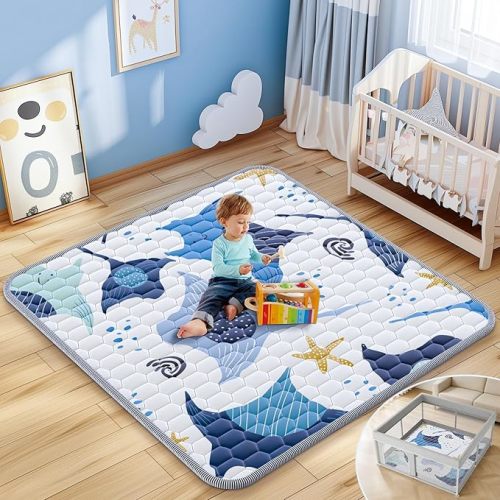 Omzer Baby Play Mat 50x50 Inch Thick & Soft Cushioned Playmat for Playpen | Non-toxic Fabric, Non-Slip Silicone Backing, Machine Washable, Fresh & Cute Ocean Designs, Mat for Infants, Babies, Toddlers