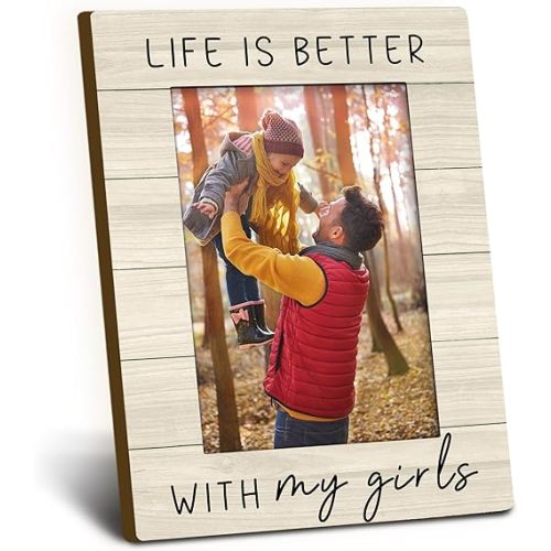 Girl Dad Mom Gifts Picture Frame 4x6, Dad Daughter Wooden Picture Frame, Birthday Gift for Father from Daughters Girls, Life is Better with My Girls Decorative Photo Frames for Table Desk Decor