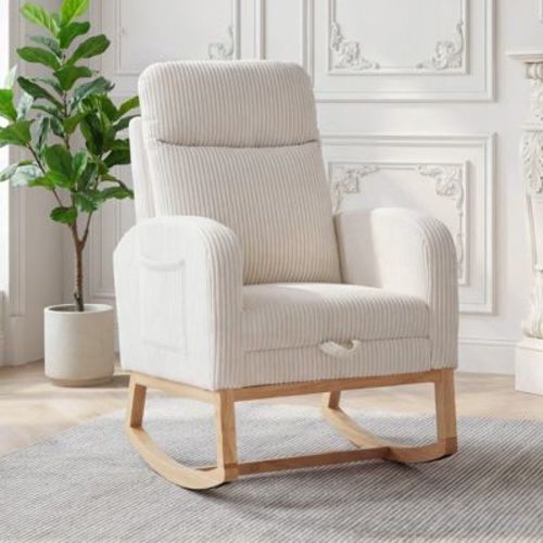 Nursery Corduroy Rocking Glider Chair, Tufted Upholstered Rocker with Adjustable Footrest & Side Pocket