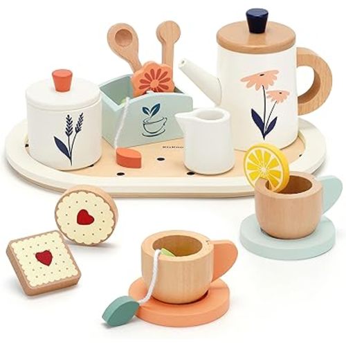 Wooden Tea Set for Toddlers,Wooden Tea Party Set for Kids Pretend Play Food Toy Set Kitchen Accessories Tea Time Party with Play Food for Girls and Boys 3 Years and up