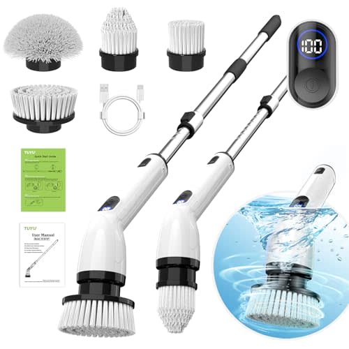TUYU Electric Spin Scrubber, Cordless Cleaning Brush for Bathroom,Home | IPX7 waterproof power scrubber with LCD display, multi heads, extendable handle, 90min runtime for bathroom kitchen glass car