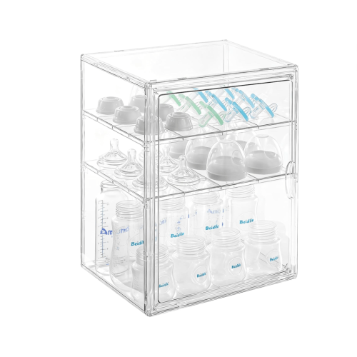 Baby Bottle Organizer – 3 Tier Acrylic Bottle Storage Organizer container, Clear Plastic Bottle Station Organizers Drawers for Countertop Kitchen Cabinet Vanity, Bathroom, Gifts for New Mom