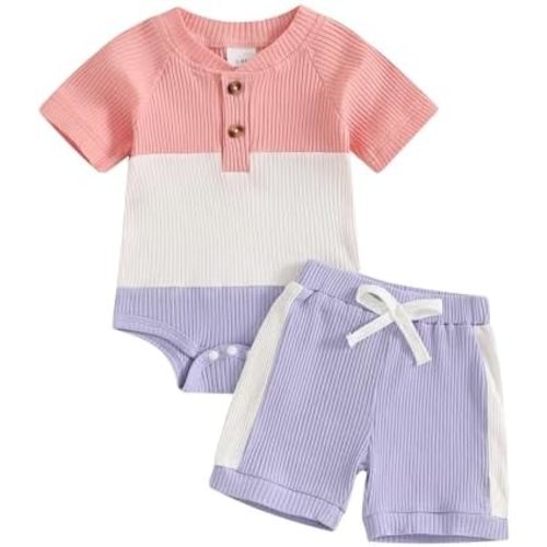 Thorn Tree Baby Boy Girl Summer Clothes Short Sleeve Romper Elastic Waist Shorts Contrast Color Infant Toddler Outfit