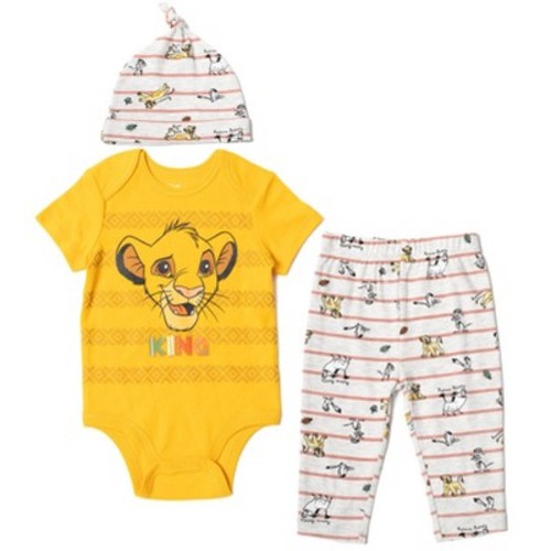 Disney Pixar Monsters Inc. Mike Mickey Mouse Baby Bodysuit Pants and Hat 3 Piece Outfit Set Newborn to Infant, Color: Lion king / yellow, Size: 18 months