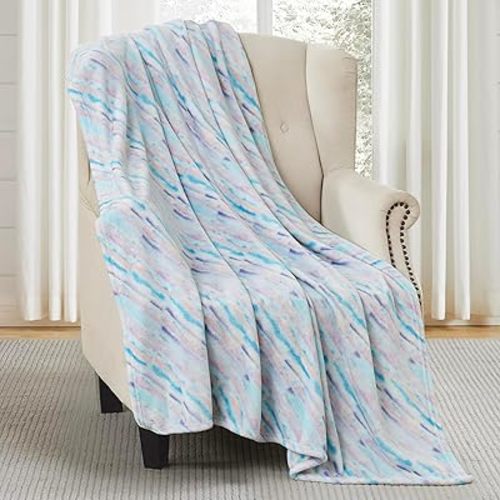 Decorative Hues of Blue Fleece Throw Blanket: Soft Plush Velvet Fleece Abstract Waterfall Accent for Sofa Chair Couch Bed or Dorm, Colored: Teal Blue Aqua Turquoise Purple Pink White