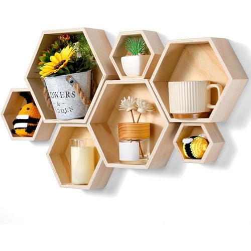 Honeycomb Shelves for Wall Set of 7 Wooden Hexagon Floating Shelves Decor Octagon Wall Mounted Storage Bookshelf for Living Room Bedroom Office Bee Day Decor(Wood Color)