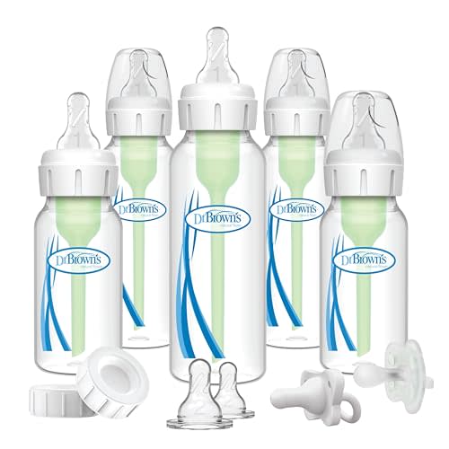 Dr. Brown's Natural Flow Anti-Colic Options+ Narrow Baby Bottle Gift Set with Advantage Pacifier & Bottle Travel Caps, 0m+ (Packaging/Pacifier May Vary)