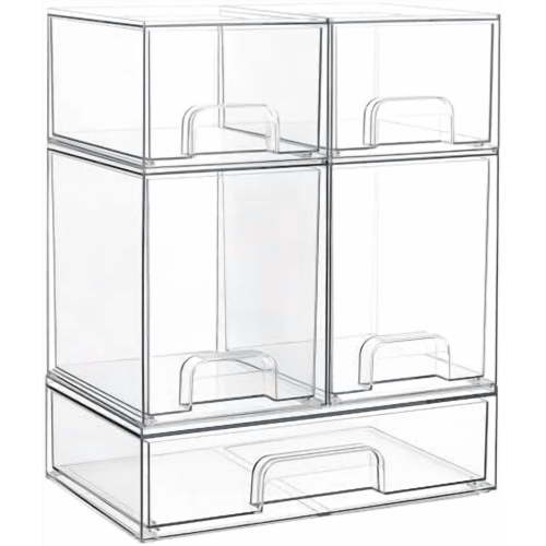 Stackable Storage Drawers Set of 5, Clear Plastic Organizer Bins for Baby Bottle, Beauty Supplies Storage, Ideal for Kichen Countertop, Vanity, Bathroom, Cabinet, Pantry Organization