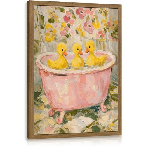 HLXRAE Cute Duck Bathroom Wall Art, Pink Bathtub Duck Wall Decor, Whimsical Farmhouse Animal Poster Print, Cottagecore Floral Girls Nursery Artwork for Bathroom Kids Room Wood Framed 12x16 Inch