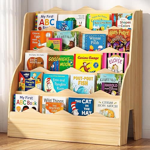 5 Tier Book Shelf for Kids Room, Large Capacity Nursery Bookshelf 31.5" W * 31.5" H, Wooden Scalloped Montessori Bookshelf for Toddler Children, Bookcase for Classroom Bedroom