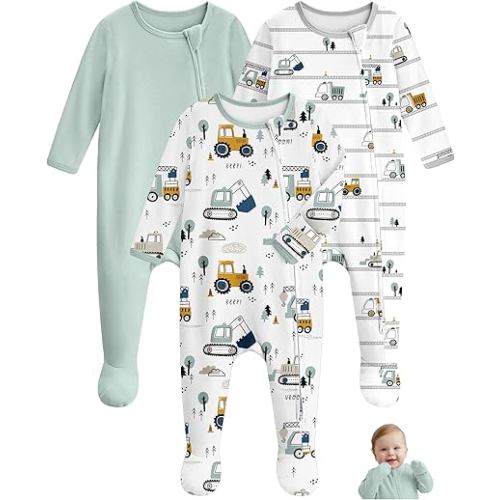 Unnivoll Baby Pajamas 100% Cotton Baby Sleepers for 0-3 Months 3Pcs Footie Pajamas Baby Boys Girls Clothes, Soft Infant Footed PJs with Mitten Cuffs, Two Way Zipper, Long Sleeve