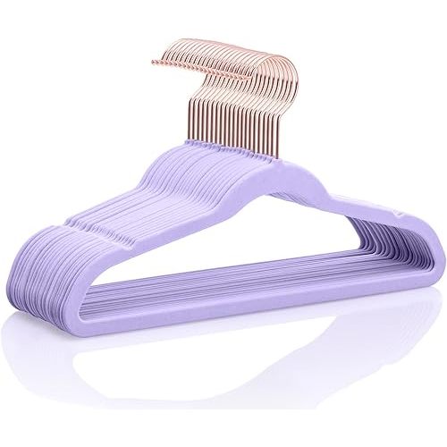 MIZGI Kids Velvet Hangers,Non-Slip Big Kids Hangers,14 Inch Hangers for Youth,Teen Clothes,Pack of 50（Light Purple/Rosegold）