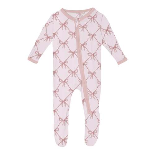 Print Footie with 2 Way Zipper in Shrinking Violet Bow Lattice