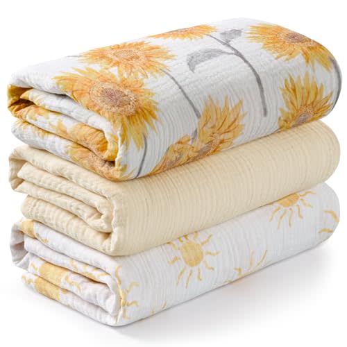 Muslin Swaddle Blankets for Newborn, 3 Pack Breathable Soft Receiving Blanket, Large 38 x 40 inches Swaddle Wrap Burping Clothes, Essentials Infant Shower Items, Toddler Gift (Sunflower)