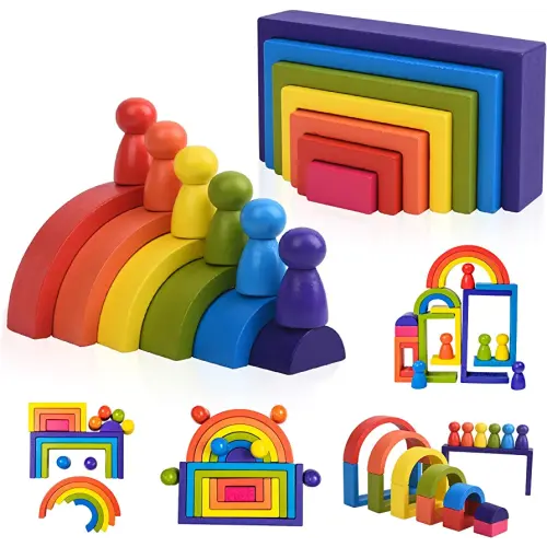 BOZE SUPOD Wooden Toys Rainbow Stacking Blocks-Montessori Toys Building Blocks for Toddler Age 1 2 3 4 Years Old Open Ended Preschool Activity Educational Toy Gifts for Kids-19PCS