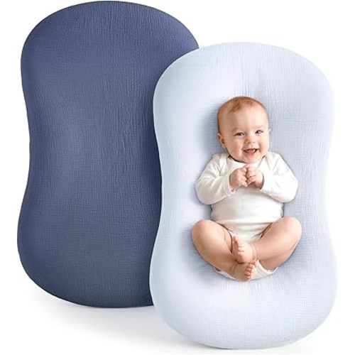 Termichy Baby Lounger Covers Muslin: Soft and Breathable Slipcover for Snuggle Me Lounger - Machine Washable & Zipper-Free for Safe Daily Use - Navy & Blue for Boys