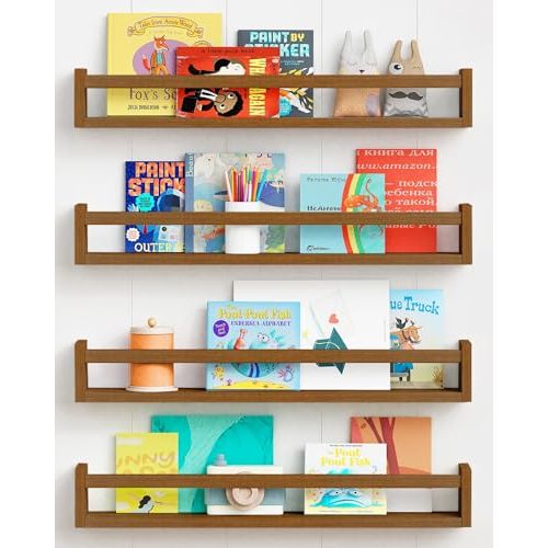 Forbena 24 Inch Wooden Floating Nursery Book Shelves for Wall, Walnut Nursery Bookshelf Wall Mounted for Kids Bedroom, Large Kids Floating Bookshelves for ChildToys Classroom Books Decor (Dark Brown)