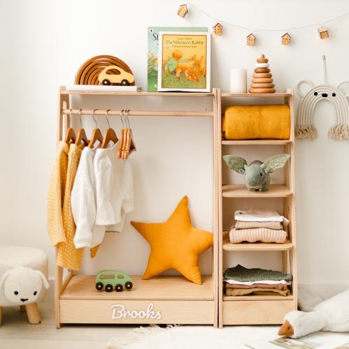 Personalized Montessori Clothing Rack for Kids, Custom Name Nursery Wardrobe, Toddler Garment Rail with Shelves, Wooden Kids Furniture