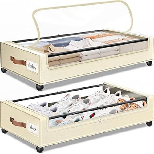 SpaceHacks Under Bed Storage with Wheels 2Pack Underbed Storage with Clear Window&Label Under Bed Drawers Large Capacity Rolling Under Bed Storage for Clothes,Shoes, Blankets (Beige)