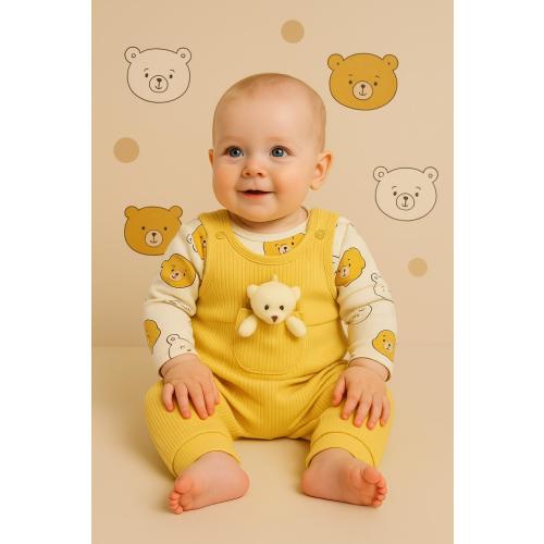 Size 3-6 Months Baby Overall Set – Yellow Ribbed Romper & Bear Print Bodysuit (Newborn Outfit Gift)
