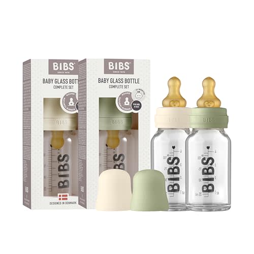 Bibs Baby Glass Bottle | Newborn Anti-Colic Baby Bottles | Borosilicate Glass with a Natural Vented Round Natural Rubber Latex Nipple | Consistent Flow Rate | 3.7 oz/110 ml | 2 Pack | Ivory/Sage