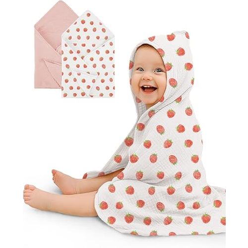 Hooded Baby Towels 2 Pack, Muslin Baby Bath Towels with Hood for Newborn Infant and Toddler, Soft Breathable & Absorbent, 32" x 32" (Strawberry & Pale Pink, Lightweight)