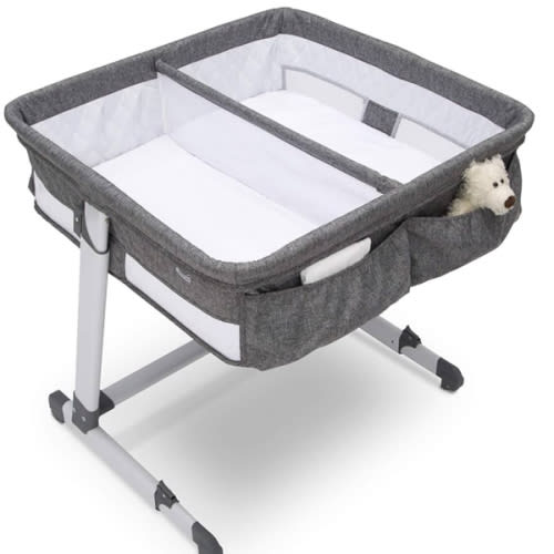 Simmons Kids By The Bed City Sleeper Bassinet for Twins - Adjustable Height Portable Crib with Wheels & Airflow Mesh, Grey Tweed