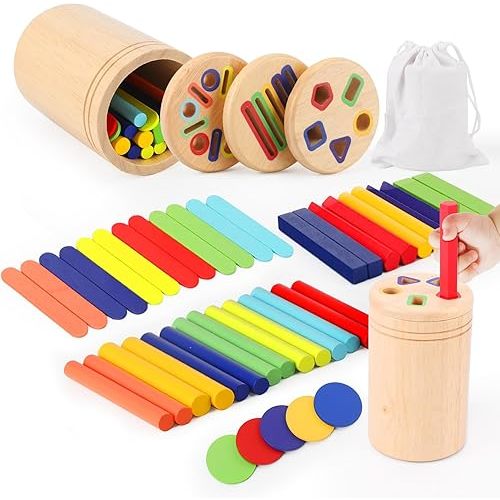 3-in-1 Montessori Wooden Toys for Toddlers 3-5 | Color Sorting & Fine Motor Skills Learning | Sensory Fidget Gifts for Boys & Girls | Educational Play for Ages 3+