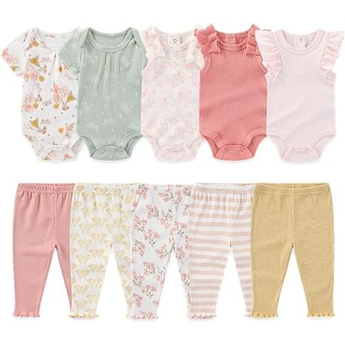 Kiddiezoom Newborn Baby Layette Set 10-Piece with Bodysuits and Pants 3-6