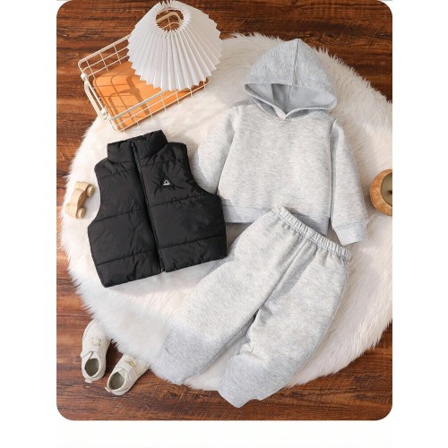SHEIN 3pcs Baby Boy/Girl Autumn/Winter Soft Fleece Hoodie Sweatshirt, Vest With Patch, And Thick Padded Jacket Pants Set, Warm And Casual For Everyday Wear And Outdoor Activities Like Playing In The Snow | SHEIN USA